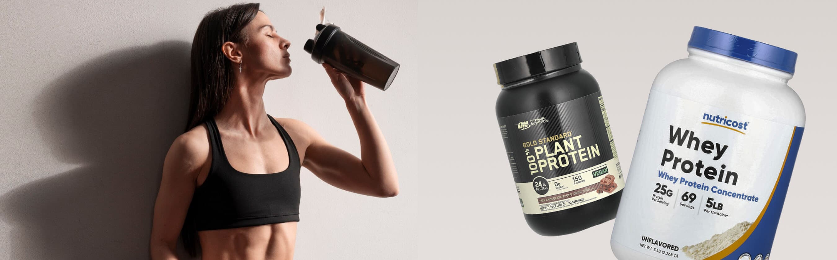 Настоящие упаковки протеина Optimum Nutrition и Nutricost рядом со спортсменкой с шейкером